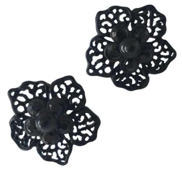 Black Flower Earrings Enamel Filigree Metal Rhinestones Lace Victorian Goth Vtg. - Picture 7 of 14